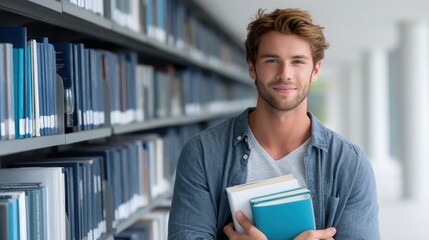 Young Adult Holding Textbooks at University Library with Clear Background and Natural Lighting

