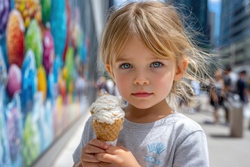 Young child enjoys ice cream cone while surrounded by colorful mural in urban setting