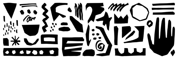 Paper cutout collage black elements asset pack. Simple minimalistic graphic texture, childish playful aesthetics. Vector isolated elements for sticker, scrapbook, decoration.