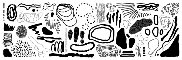 Graphic shape, texture and scribble asset pack. Abstract grunge strokes, ink, pencil paint in vector for design template, poster, sticker. Trendy elements isolated on white background