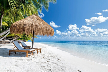 Idyllic tropical beach with lounge chairs under umbrella, palm trees and turquoise sea, perfect for vacation, travel