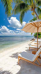 Idyllic tropical beach with lounge chairs under umbrella, palm trees and turquoise sea, perfect for vacation, travel