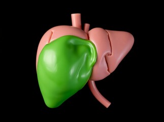 Internal Organ Illustration: A meticulously crafted, photorealistic illustration of the human liver and gallbladder. The model is rendered in vibrant hues, showcasing the intricate anatomy