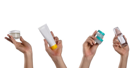 Various Handheld Skincare Products Displayed on White Background © kinomaster