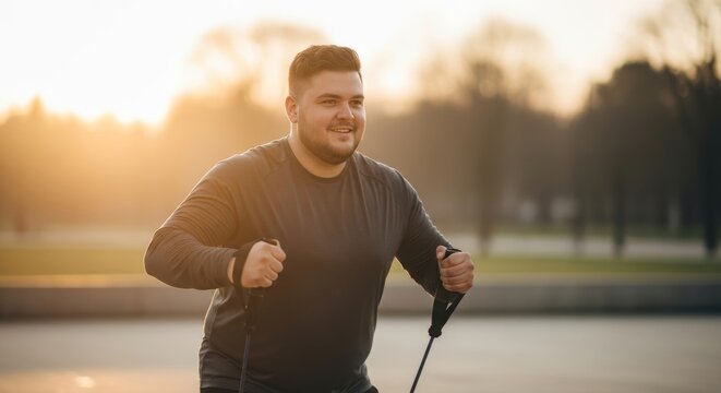 A smiling plus-size man in activewear works out with resistance bands outdoors at sunset, embodying a positive approach to fitness and health.