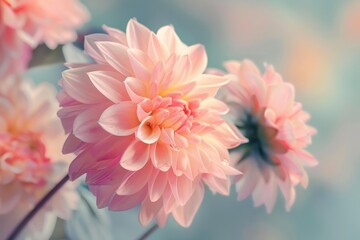Close up of beautiful pink dahlia flowers blooming, showcasing their delicate petals and soft color