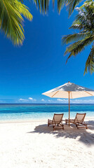 Fototapeta premium Idyllic tropical beach with lounge chairs under umbrella, palm trees and turquoise sea, perfect for vacation, travel