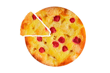 Sweet pie raspberry  frangipane dessert baking fresh delicious gourmet food background on the table rustic food top view copy space