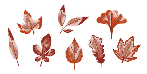 Set of brown dry autumn leaves of maple, chestnut, oak, birch in flat style. Fall foliage for herbarium