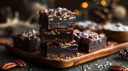 Chocolate pecan fudge squares stacked a wooden tray cozy cabin dessert setting