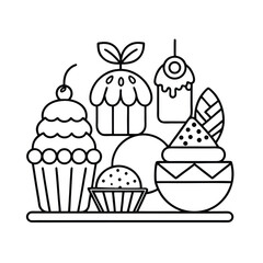 Outline illustrations of various desserts on a white background