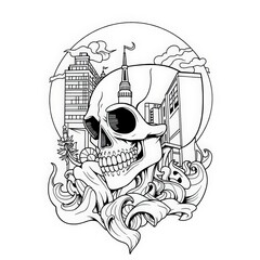 coloring page with skull and city