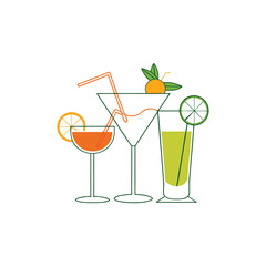 Outline illustrations of various cocktails on a white background