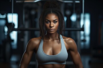 Fototapeta premium Strong woman with braided hair showing her muscles after intense workout session