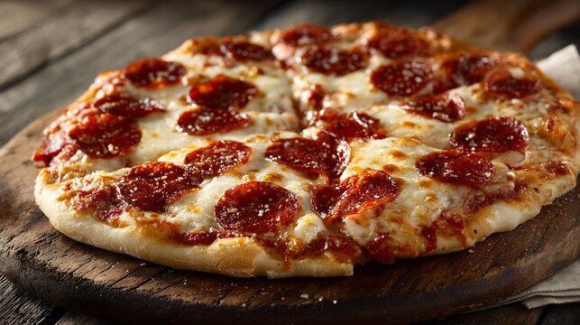Classic New York style pepperoni pizza bubbling cheese and thin crust placed on a rustic wooden board