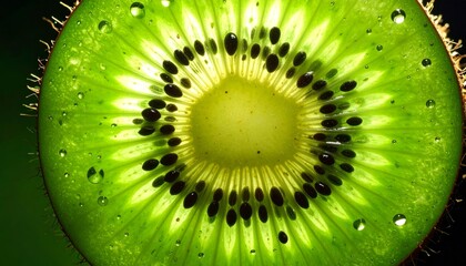 Luminous Kiwi Starburst: A Backlit Macro View of a Fresh, Dewy Slice