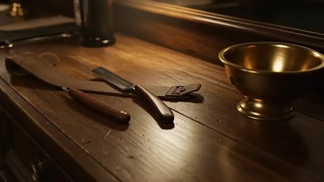 Vintage Barber Tools Arrangement - Straight Razor, Strop and Shaving Bowl on Wood