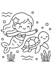 Coloring book swimming mermaid racing alongside a sea turtle under the waves.