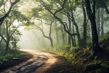 Fototapeta premium Sunlight filters through a misty forest, illuminating a winding dirt road
