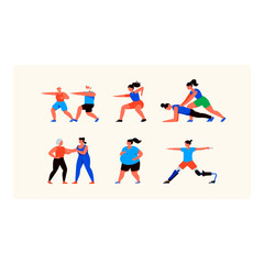 Diverse people engaged in various fitness activities and exercises.
