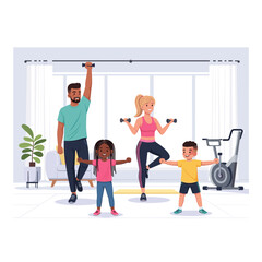 Fototapeta premium Family exercising together at home with dumbbells