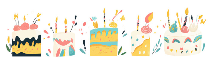 Obraz premium Set of colorful birthday cake pieces and slices with candles, cream decorations, sprinkles, and festive design in flat minimalist style isolated on white background