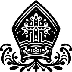 Ornate Bishop Mitre with Cross – Black and White Religious Vector Symbol