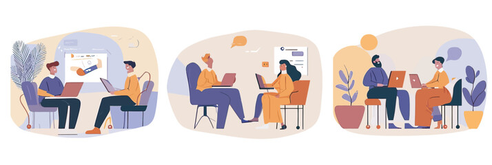 Naklejka premium Business people discussing projects and collaborating in modern office settings with laptops and casual work environment flat vector illustration set