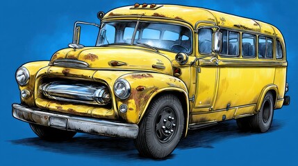 A cartoon-style yellow school bus with a vintage design on a solid blue background