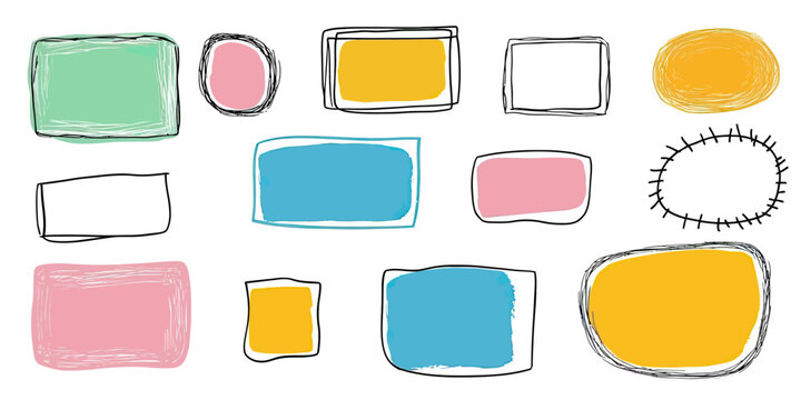 Colorful hand drawn doodle frame set with irregular rounded rectangle, circle, and oval shapes in pastel and bright tones for text borders and highlights vector illustration