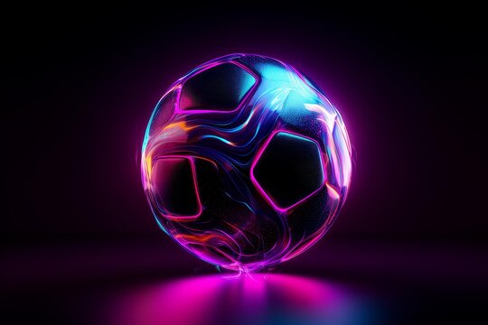 Futuristic soccer ball glowing with neon lights, creating a vibrant and energetic atmosphere