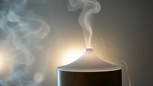Aromatic diffuser releasing soothing steam in a serene, softly lit indoor environment