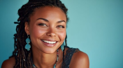 Stunning black woman with intricate braids and bold artistic earrings poses confidently against a minimalist turquoise backdrop celebrating cultural beauty with modern edge.