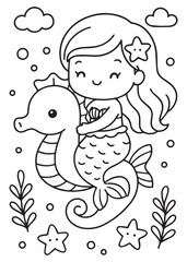 Coloring book mermaid riding a friendly seahorse in the sea.