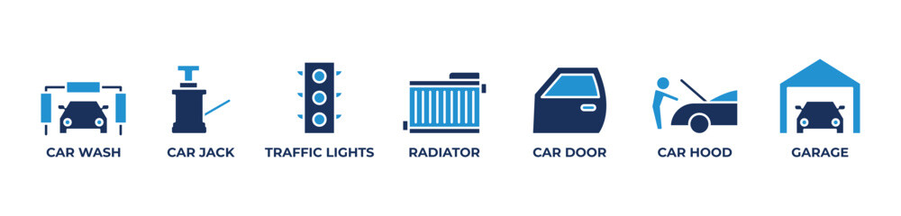 Complete Auto Care Icons set vector illustration blue  with Car wash, Car jack, Traffic lights, Radiator, Car door, Car hood, Garage
