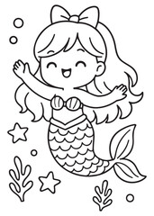 Coloring book happy mermaid with a bow swimming among stars underwater.