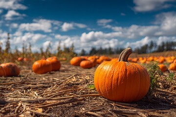 A vibrant pumpkin patch showcases a large pumpkin prominently in the foreground while pumpkins dot the landscape under a bright sky adorned with clouds.