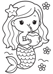 Coloring book mermaid drinking coconut juice while relaxing under the sea.