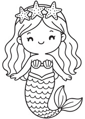 Coloring book mermaid with starfish crown smiling peacefully.