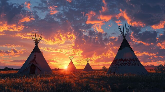 Three teepees silhouetted against a vibrant sunset over a prairie.