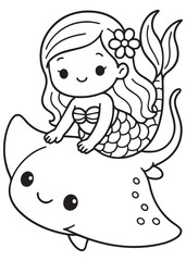 Coloring book  mermaid riding a giant stingray under the ocean.