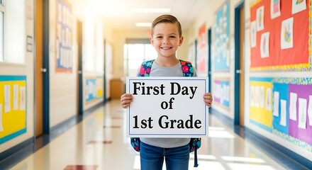 A smiling boy in a school hallway holding a first day of first grade sign with a backpack on