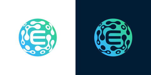 letter e logo design with abstract ball technology digital data connection with green gradient color