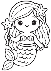 Coloring book mermaid holding a wand and smiling gently.