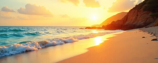 Golden hour sunlight bathes a pristine sandy beach, gentle waves lapping the shore Perfect for travel, vacation, or summer themes Ideal for websites and marketing materials , background, idyllic