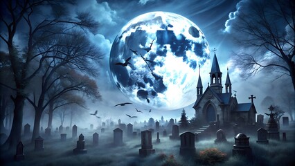Photo of a haunted cemetery with tombstones and a church under a large, luminous full moon on a dark, foggy halloween night