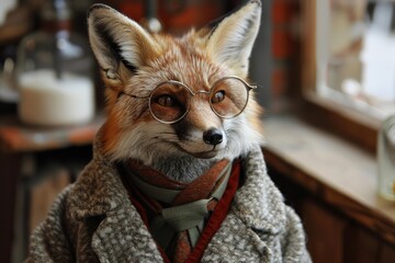 Portrait of a clever fox wearing round glasses and a stylish coat, evoking intelligence and sophistication