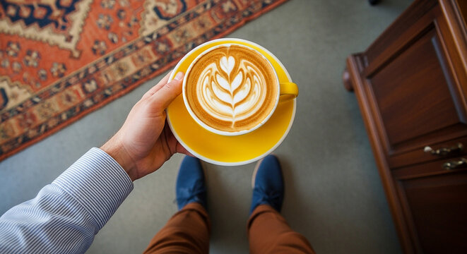 Man holding artisanal latte art coffee cup, enjoying a warm morning beverage in stylish home setting