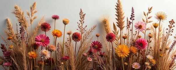 Naklejka premium Vibrant, eclectic bouquet of dried weeds, grasses, and wildflowers in various earthy tones, perfect for rustic or bohemian-style d?cor A stunning centerpiece or unique gift , wedding, bunny tails