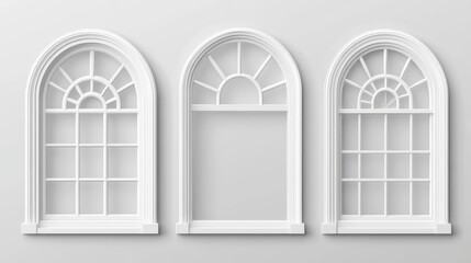 Three arched white windows with different pane designs against a white wall.